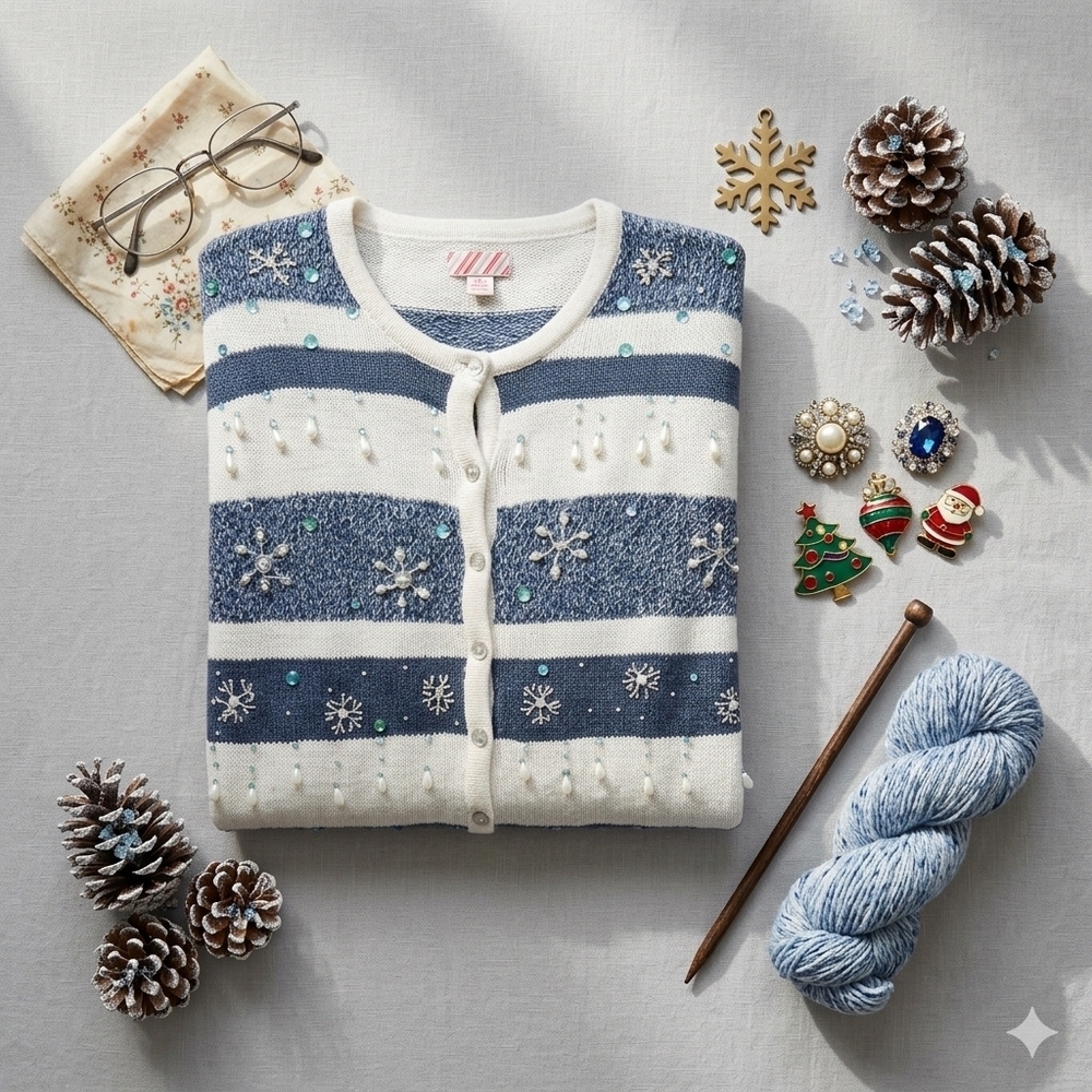 Holiday Time Embellished Snowflake Sequin Beaded Kitschy Winter Cardigan Size XL